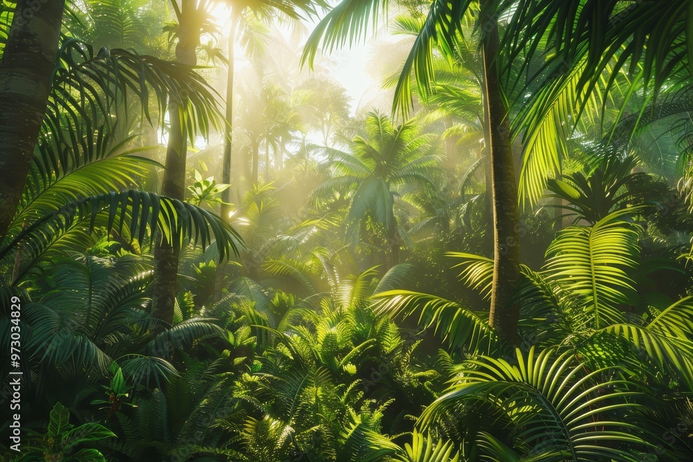Aufkleber a vibrant tropical rainforest filled with a rich variety of greenery and large ferns, illuminated by