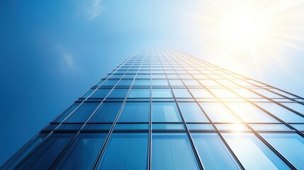 Fototapeta premium Modern skyscraper reaching towards the blue sky, showcasing glass architecture and sunlight reflecting on the facade.
