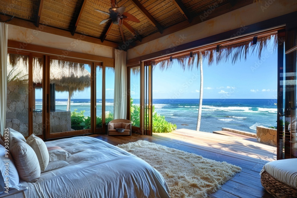 Poster a spacious bedroom features large windows opening to stunning ocean views, allowing natural light to