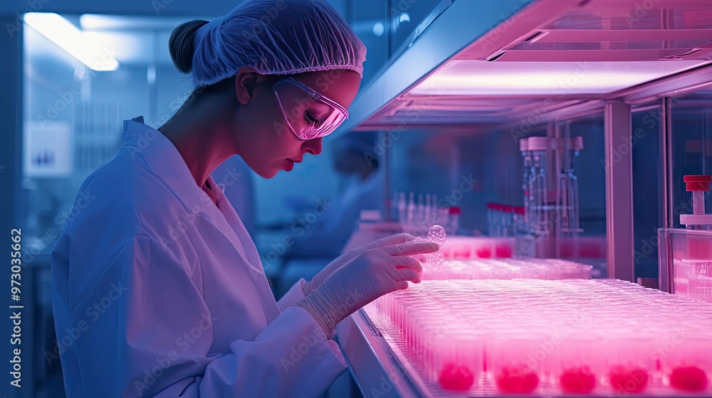 Aufkleber female scientist in lab coat working with samples in a lab