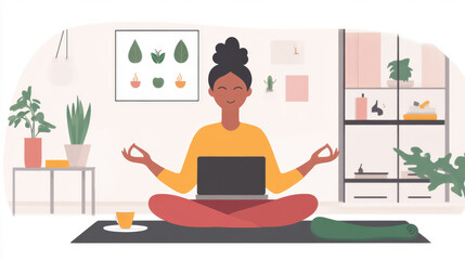 A woman is sitting on a mat with a laptop in front of her