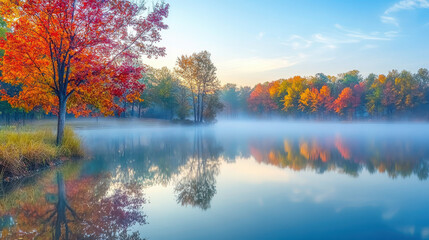 Fototapeta premium Tranquil autumn landscape with vibrant red and orange foliage reflecting on a calm lake shrouded in morning mist