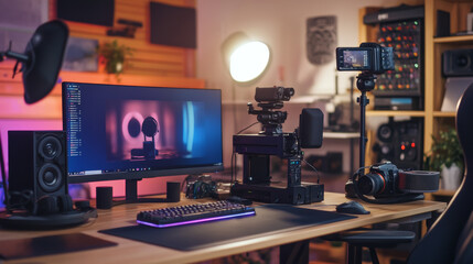 A workspace showcasing the best tools for content creators, including a high-quality camera, microphone, and lighting setup