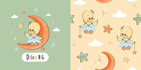 Cute baby chicken on the moon. Children's seamless pattern, vector background. Perfect for fabric, textiles, baby bedding, wallpaper and more.