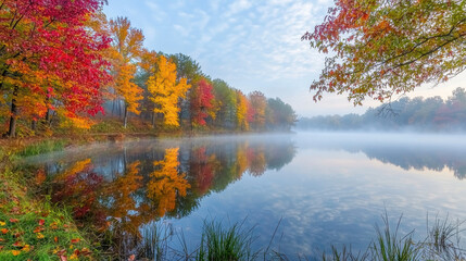Fototapeta premium Tranquil autumn landscape with vibrant red, orange, and yellow trees reflecting on a misty lake at sunrise
