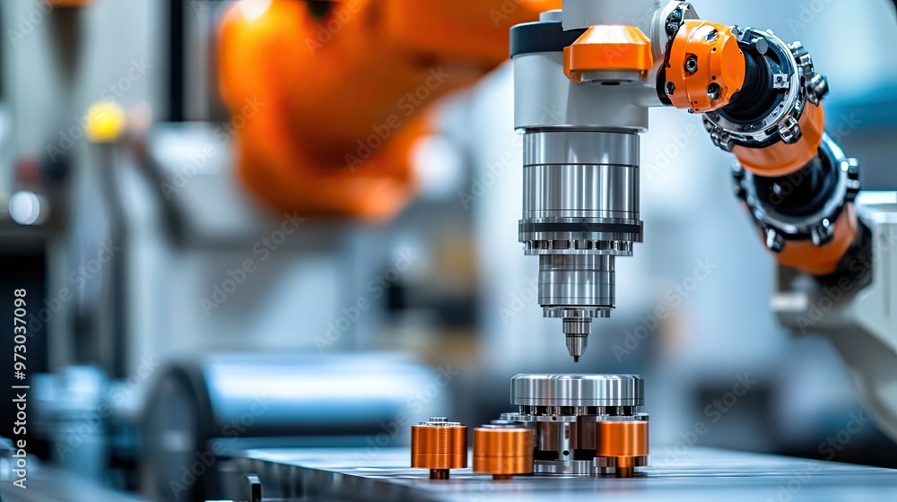 Poster robotic arm precisely aligning a component in a factory setting
