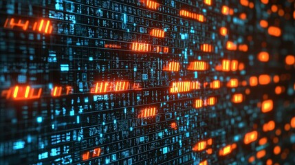 Digital Data Flow Glowing Orange and Blue Grid, Abstract, Technology, futuristic, digital