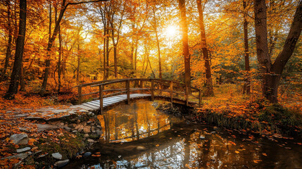 Scenic wooden bridge over a calm stream amidst vibrant autumn foliage and sunlight breaking through the forest canopy