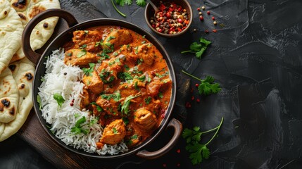 Chicken tikka masala spicy curry meat food with rice and naan bread