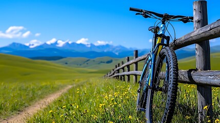 Naklejka premium A mountain bike adventure unfolds, with the bike resting against a fence and mountains rising beyond.