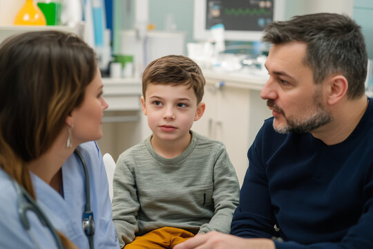 father and son talk to pediatrician in clinic - Powered by Adobe