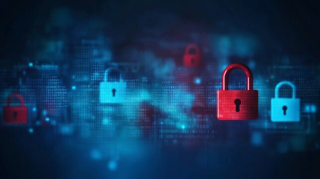 Digital Lock Red Padlock on Binary Code Background, Cyber Security, Data Protection, Encryption