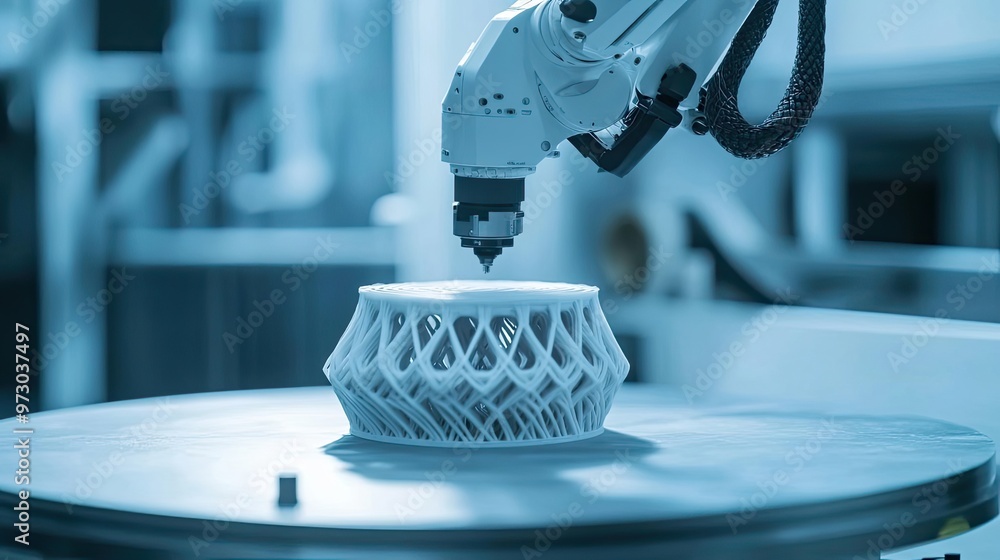 Poster robotic arm 3d printing a geometric object