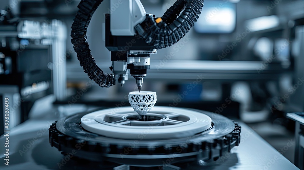 Poster 3d printing machine creating a geometric object