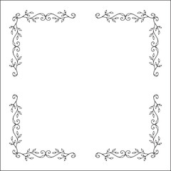 Vegetal elegant black and white elegant ornamental frame, decorative border, corners for greeting cards, banners, business cards, invitations, menus. Isolated vector illustration.	
