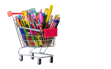 Shopping cart filled with school supplies isolated on white or transparent background