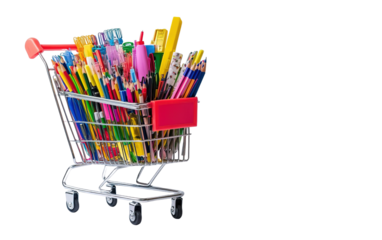 Shopping cart filled with school supplies isolated on white or transparent background