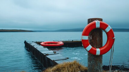 A red lifebuoy hanging on a post near a dock, ready for emergencies with the ocean in the background.