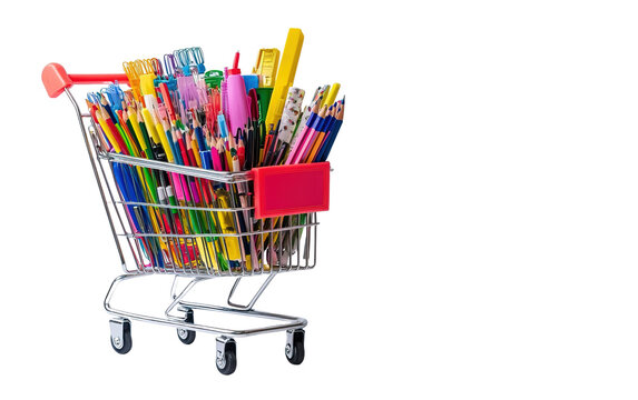 Shopping cart filled with school supplies isolated on white or transparent background