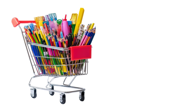Shopping cart filled with school supplies isolated on white or transparent background