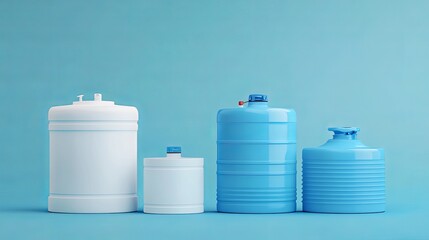 3D illustration of different plastic water tanks for reservoirs