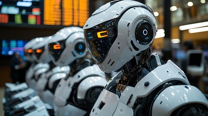 Fototapeta premium Futuristic white robots with glowing orange eyes move through a sleek, modern setting.