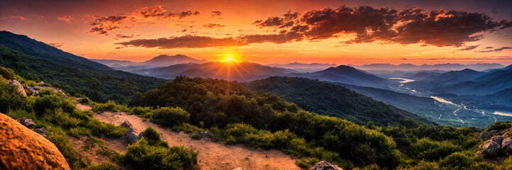 Naklejka premium Golden hour over a mountain landscape with calm orange skies and tranquil atmosphere, creating a peaceful and serene mood ideal for capturing nature’s relaxing beauty in a summer sunset panoramic view