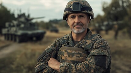 Middle Aged German Soldier in Camouflage Uniform with Crossed Arms Standing on Military Base with Tanks in Background
