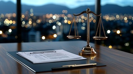 The scales of justice sit prominently on a lawyer's desk, framed by a city skyline view.
