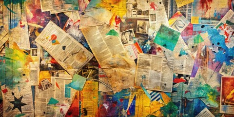 Naklejka premium Abstract collage backdrop with mixed newspaper clippings and graffiti on colorful grunge background