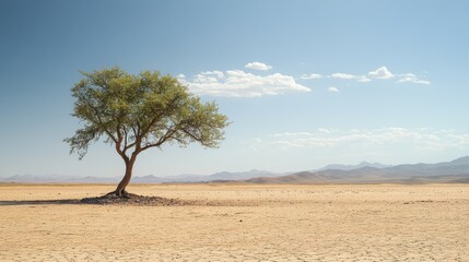 Fototapeta premium A solitary desert tree struggling to survive in the arid summer landscape, standing tall amidst dry sand and heat.