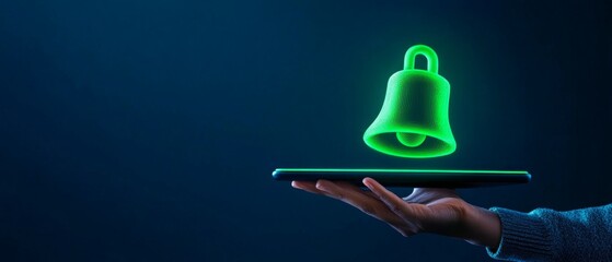 Notification Bell icon emerging from a digital tablet , communication and alert systems, utomated updates, and intelligent reminder systems, smart notification technology.
