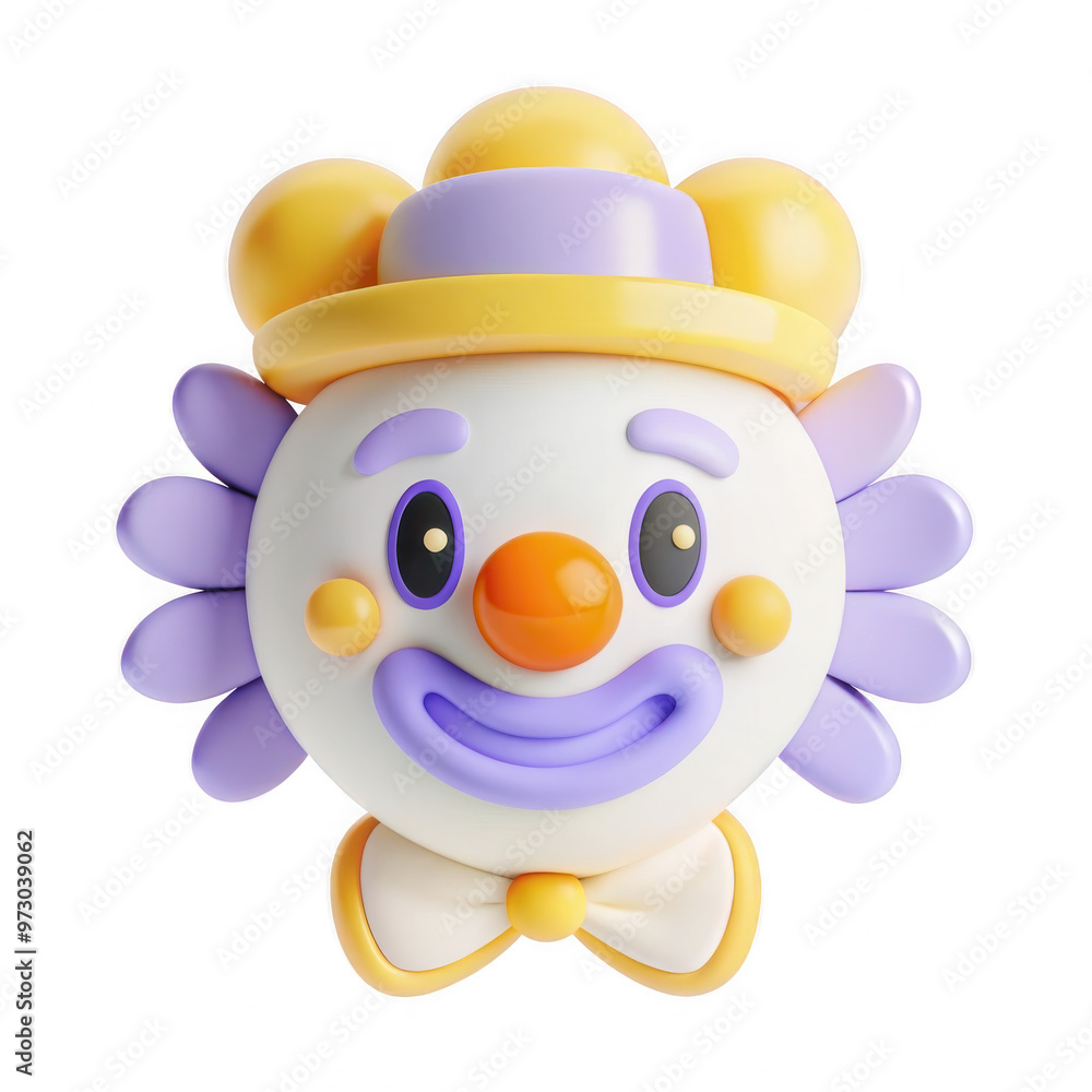 Poster digital 3d rendering of a clown face model with colorful elements including a hat with a ruffled col
