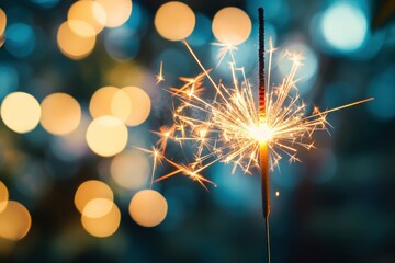 Sparkler in Focus with Bokeh Background Lights, Celebratory Ambiance