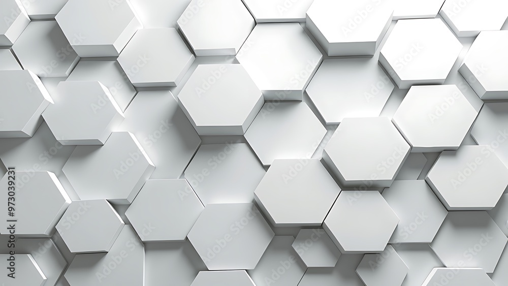 Poster stylish arrangement of white hexagons, creating a three-dimensional effect against a light backgroun