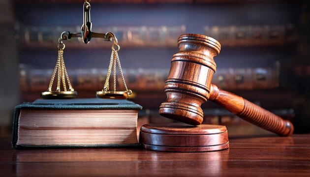 Wooden gavel and books on wooden table, law concept