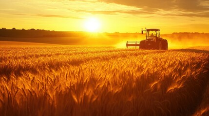 A tractor moving through a glowing wheat field at sunset, casting long shadows across the golden crop.