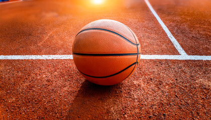 Basketball ball on the ground. Close-up ball on the red court. Basketball on the street 