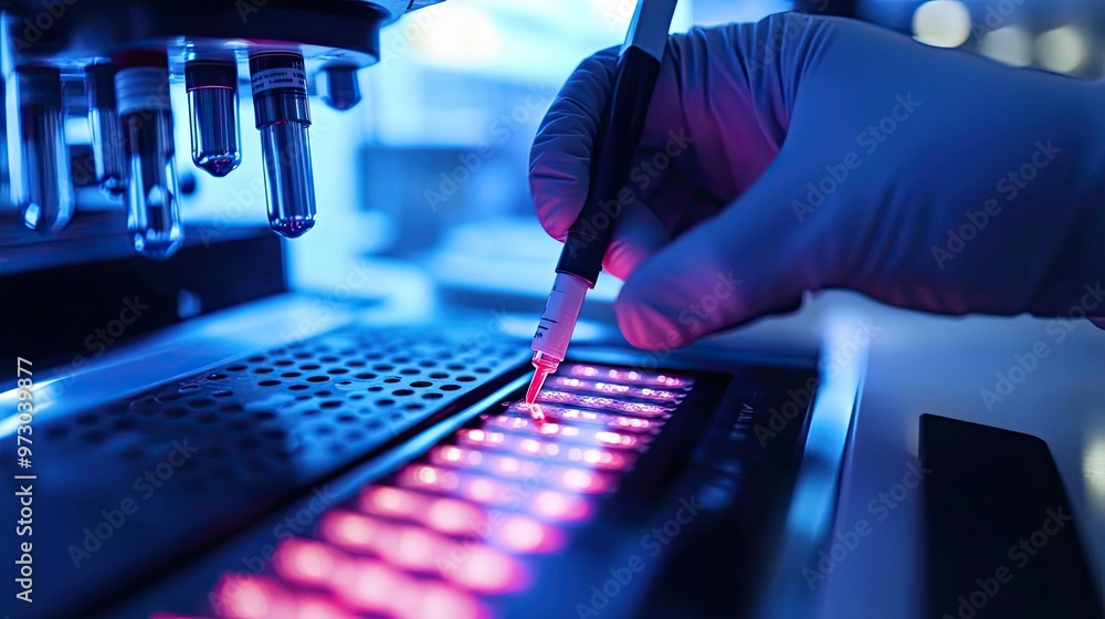 Poster gloved hand using pipette to transfer liquid into test tubes in a laboratory setting