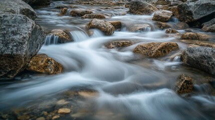 Long exposure photograph of a river flowing over rocks, capturing the silky patterns of the water's movement