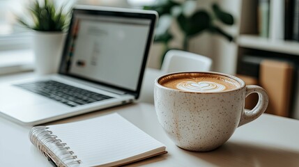 A Latte, Notebook, and Laptop on a White Desk