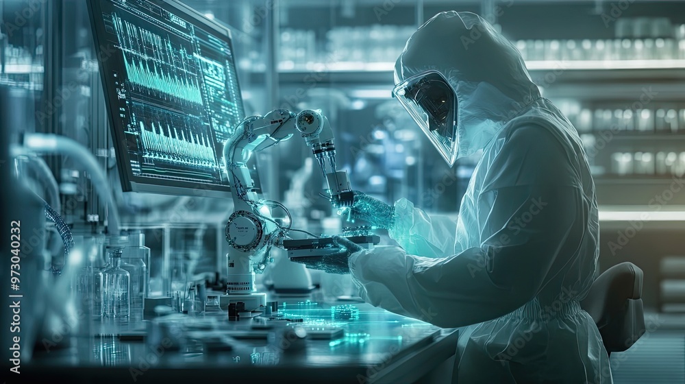 Poster scientist in a clean suit working with a robotic arm in a high-tech laboratory