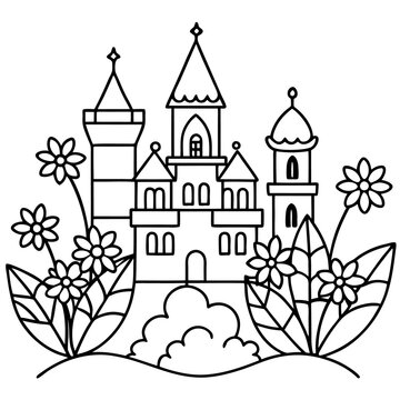 recommend clip art: fairytale castle flower town outline coloring book page line art drawing