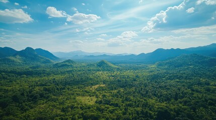 Obraz premium A wide aerial shot of a green forest nestled between tall mountain ranges, with a clear blue sky and scattered clouds above.