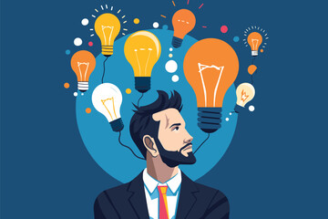 Businessman brainstorming, choosing ideas, finding new inspiration, buying idea light bulbs, creativity for new solutions, profitable startup launch, vector illustration.