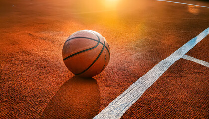 Basketball ball on the ground. Close-up ball on the red court. Basketball on the street 