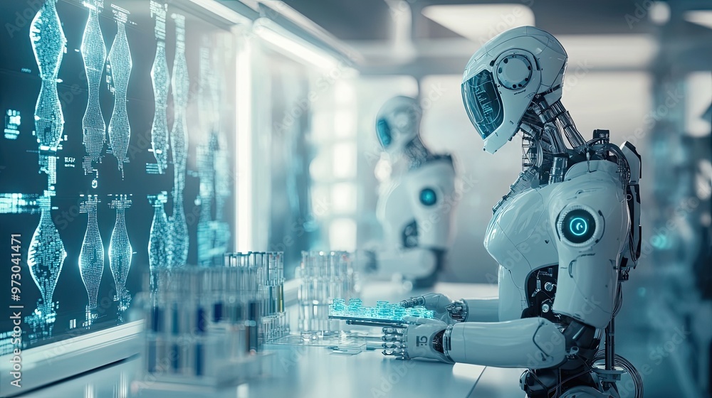 Poster advanced robotics in a futuristic laboratory setting