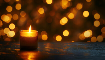Burning gold candle on table against blurred lights. Space for text
