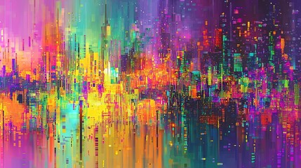 Neon Cityscape - A Glitched Abstract of Urban Lights, Digital Art, Abstract Background, Pixel Art, Urban, Cyberpunk, Future