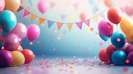 Colorful Balloons and Confetti with Bunting Flags